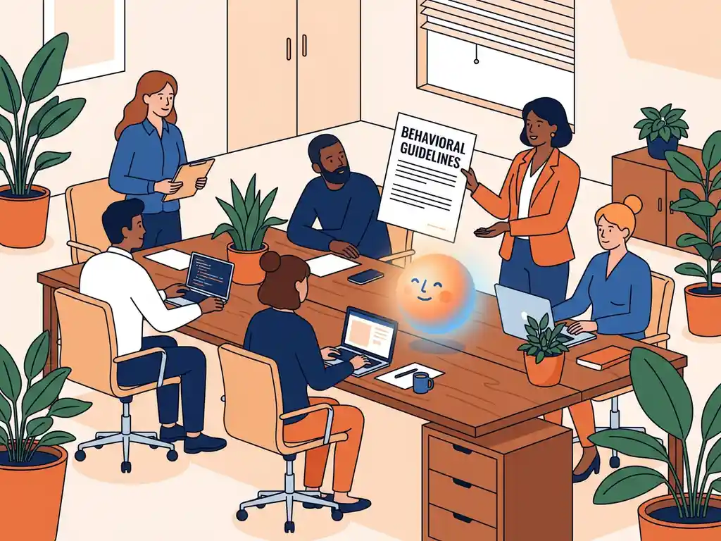 Kantoorteam rond een bureau met gedragsrichtlijnen, naast een gloeiende AI-assistent in een modern Nederlands werklandschap.