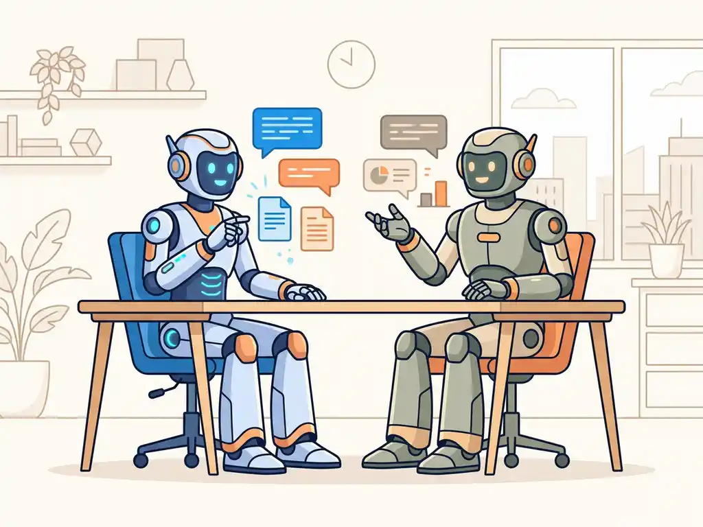 Twee gestileerde robotassistenten aan een modern bureau omringd door zwevende chat- en documentelementen in blauw en grijs.