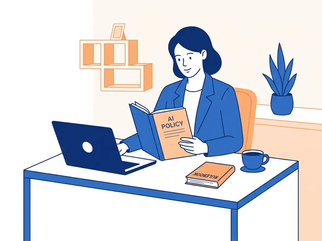 Professional aan modern bureau bestudeert AI-beleidsdocument naast laptop, met regelboek en koffiekopje, in strak kantoor.
