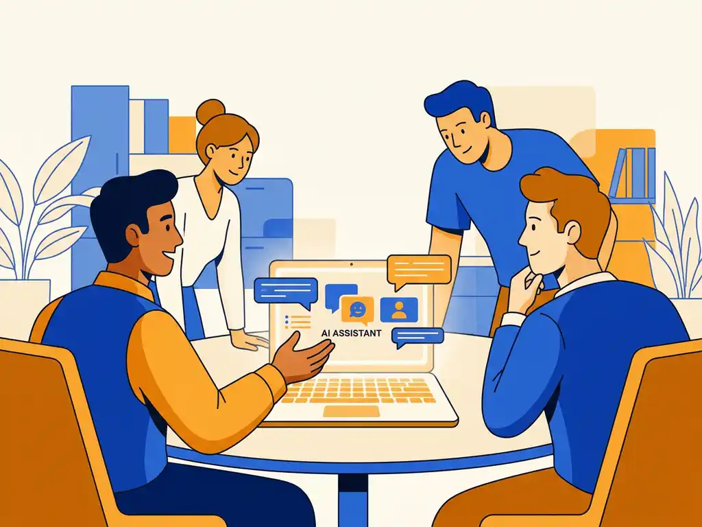 Trainer begeleidt collega's rond een moderne vergadertafel met een laptop waarop een AI-assistent zichtbaar is.