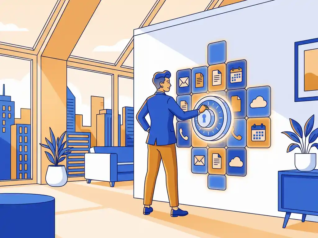 Professional sluit digitale kluisdeur opgebouwd uit Microsoft 365-app-tegels in modern Nederlands kantoor met grote ramen.