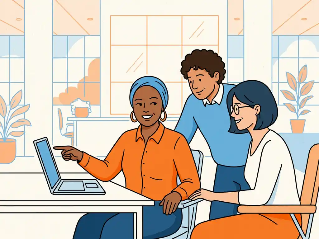 Drie collega's werken samen rond een laptop op een modern bureau in een vrolijke, inclusieve kantooromgeving.