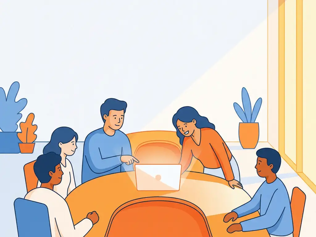 Collega's rond een bureau waarbij iemand een ander begeleidt bij een laptop, kleurrijke illustratie in warme oranje en blauwtinten.