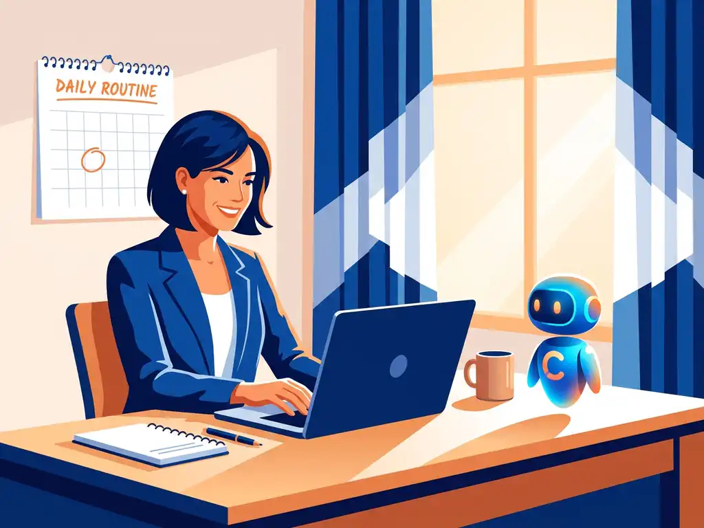Kantoormedewerker werkt dagelijks met AI-assistent op laptop aan modern bureau, omringd door agenda en routineobjecten.
