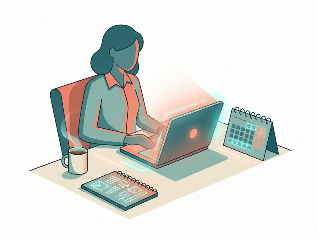Professional aan modern bureau met laptop, koffiemok, notitieboek en kalender in warme teal en koraal tinten.