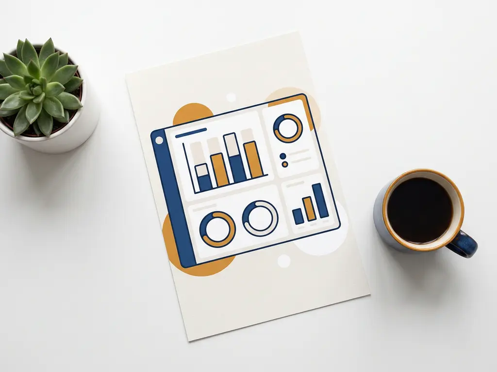 Gedrukt dashboard met staafdiagrammen en voortgangsringen op wit bureau, omringd door plant en koffiekop, bovenaanzicht.