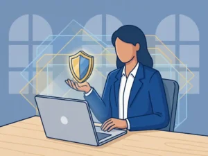 Professional houdt gloeiend beveiligingsschild boven laptop in modern kantoor, met blauwe geometrische patronen op achtergrond.