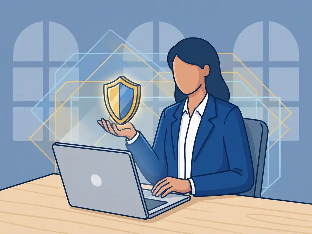 Professional houdt gloeiend beveiligingsschild boven laptop in modern kantoor, met blauwe geometrische patronen op achtergrond.