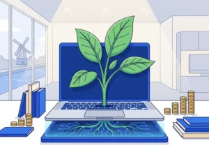 Groene plant groeit uit laptoptoetsenbord met gloeiende circuitbodem, omringd door boeken en munten als groeigrafiek op wit bureau.