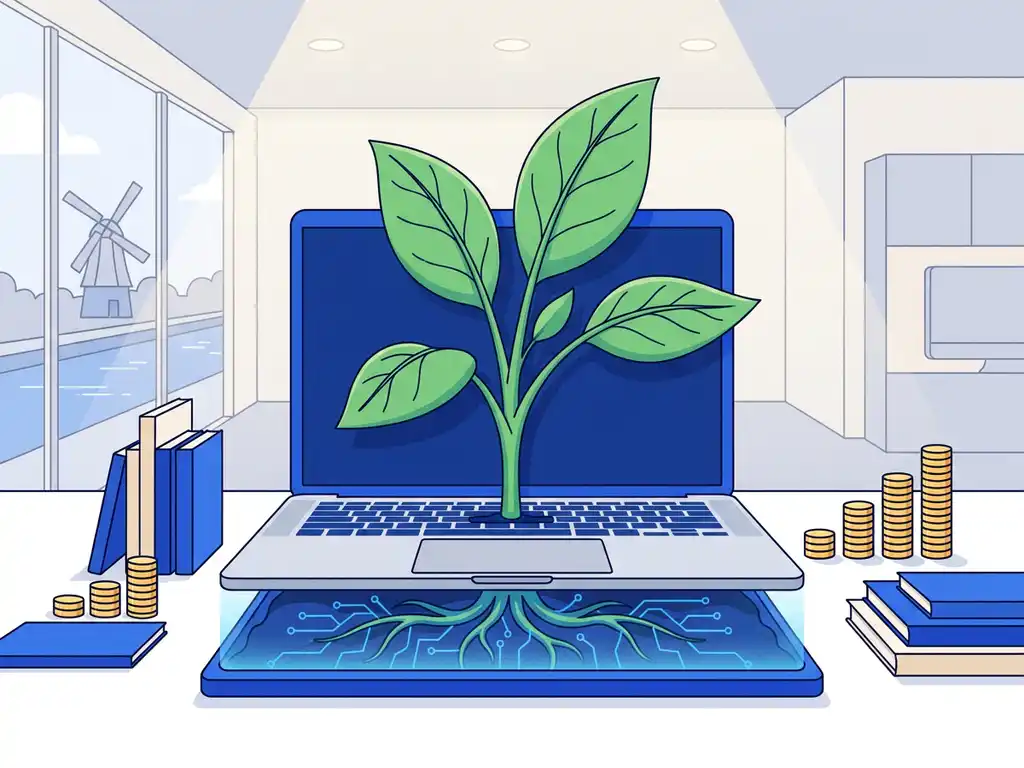 Groene plant groeit uit laptoptoetsenbord met gloeiende circuitbodem, omringd door boeken en munten als groeigrafiek op wit bureau.