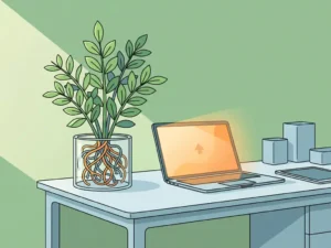 Groene plant met zichtbare wortels in glazen pot naast laptop op modern bureau, symbool voor duurzame digitale groei.