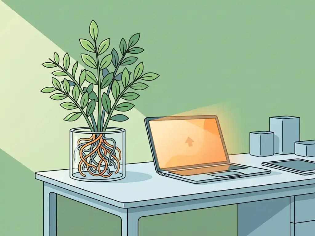 Groene plant met zichtbare wortels in glazen pot naast laptop op modern bureau, symbool voor duurzame digitale groei.