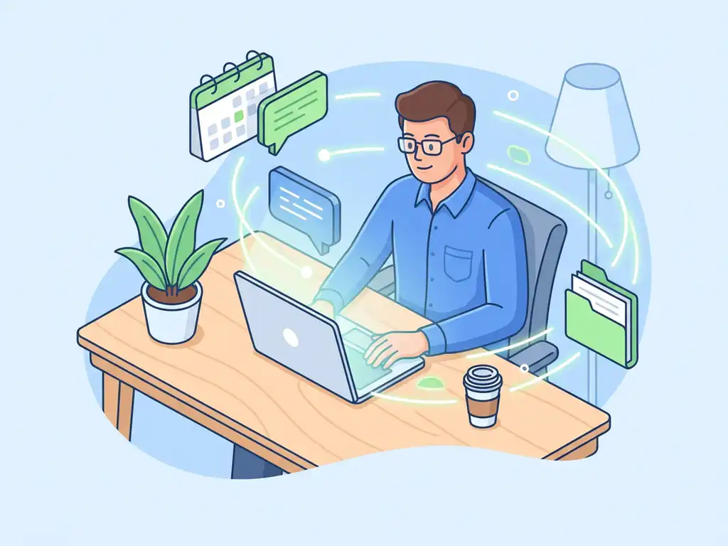 Professional aan modern bureau verbindt via laptop met collega's, omringd door zwevende kalenders, chatberichten en gedeelde documenten.