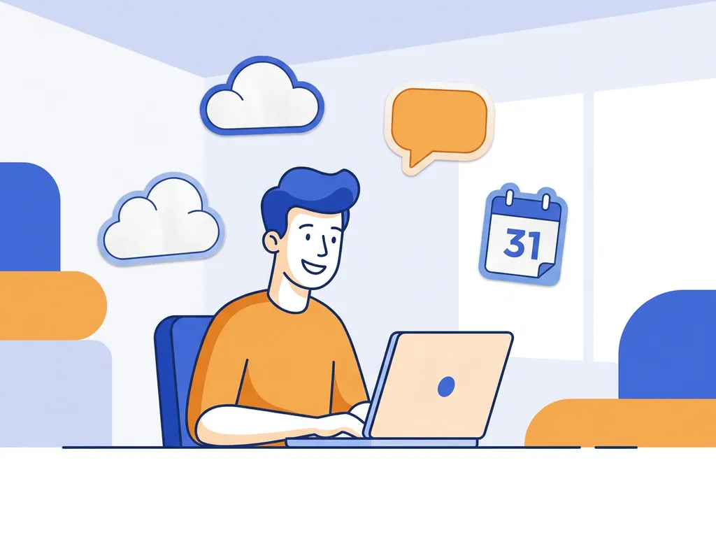Persoon werkt zelfverzekerd op laptop aan modern bureau met zwevende digitale symbolen zoals wolk, chatbel en kalender.