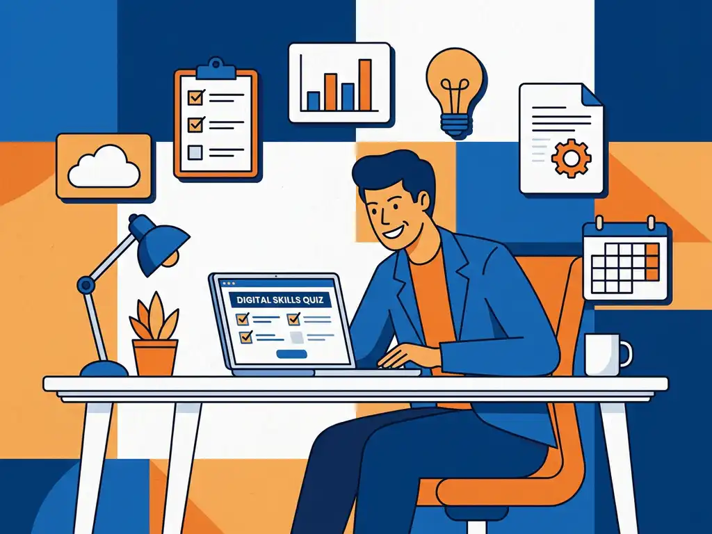 Zelfverzekerde kantoormedewerker maakt digitale vaardigenheidsquiz op laptop aan modern bureau met Microsoft-productiviteitspictogrammen.