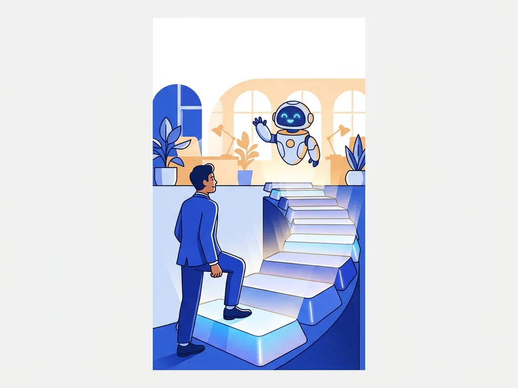 Kantoormedewerker zet eerste stap op een trap van toetsenbordtoetsen richting een robotassistent, in cobaltblauw en wit.