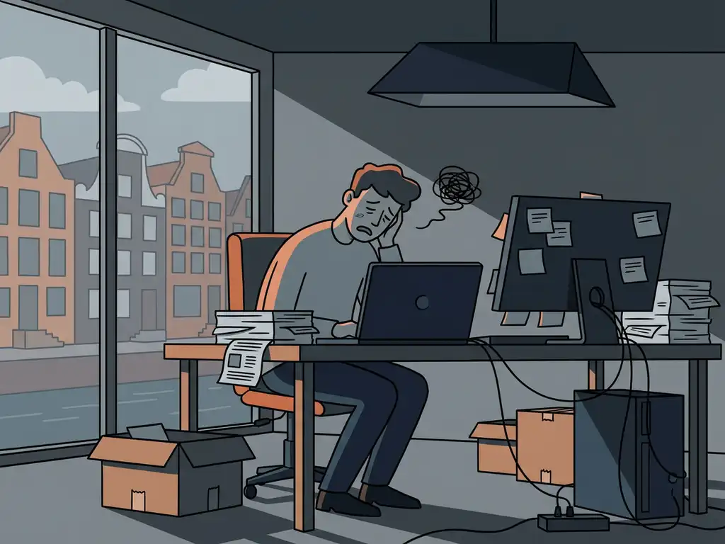Gefrustreerde kantoormedewerker omringd door plakbriefjes, papieren stapels en een gesloten laptop in een modern Nederlands kantoor.