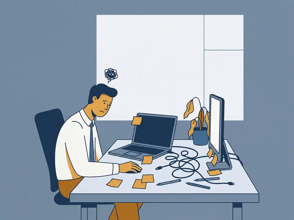 Gefrustreerde kantoormedewerker aan bureau met laptop, plakbriefjes en verwarde kabels, naast een verwelkende plant.