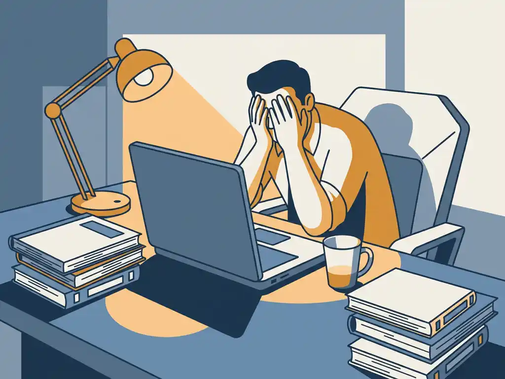 Gefrustreerde kantoormedewerker achter laptop met leeg scherm, omringd door ongeopende trainingshandleidingen en koffiekop.