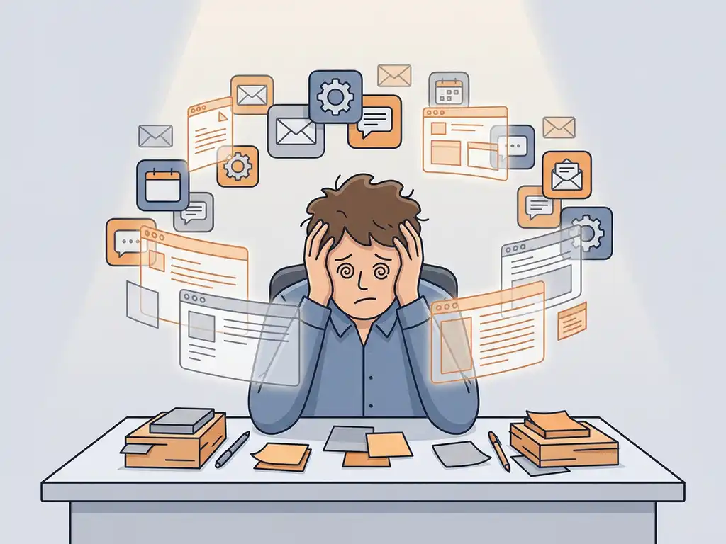 Gefrustreerde kantoormedewerker omringd door zwevende app-iconen en overlappende vensters op een gloeiend beeldscherm, bureau vol plakbriefjes.