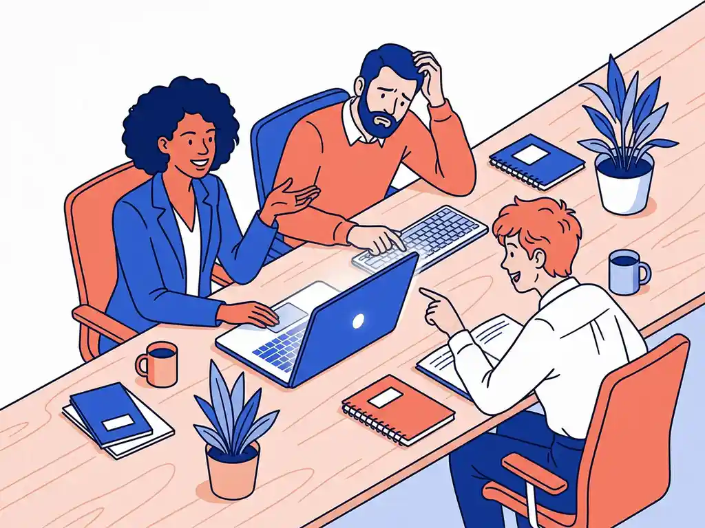 Diverse kantoormedewerkers aan een modern gedeeld bureau, elk op eigen wijze interacterend met een laptop, vlakke vectorillustratie.