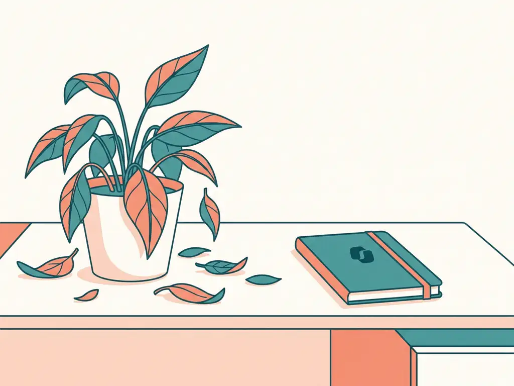 Verwelkende kamerplant op een modern bureau naast een ongeopend notitieboek, symbool voor afnemend enthousiasme na een nieuwe start.