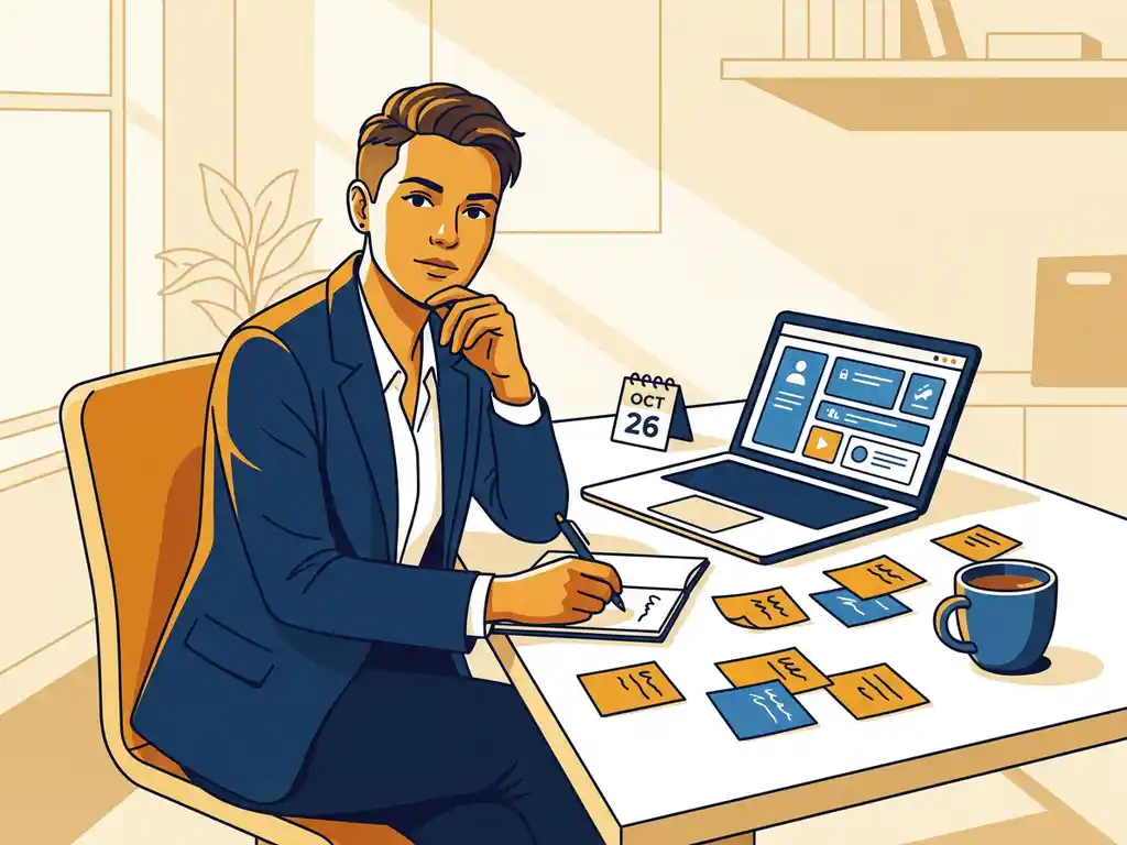 Professional aan modern bureau met laptop, plakbriefjes, kalender en koffiekopje in warme amber- en blauwtinten.