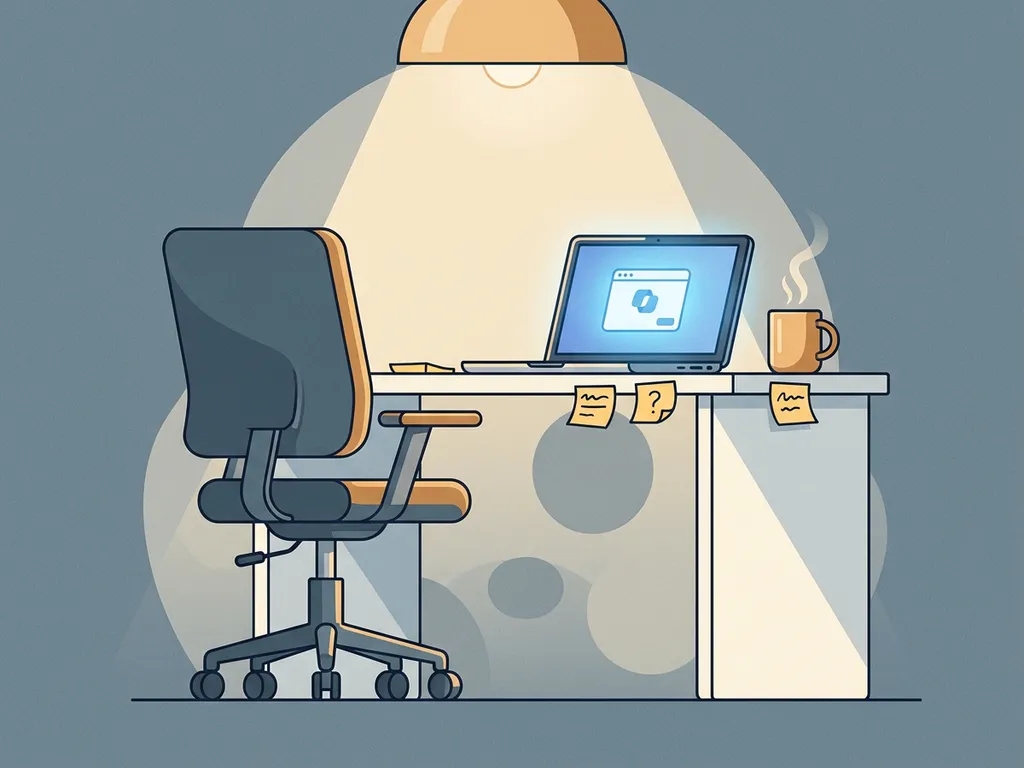 Verlaten bureau met open laptop waarop Microsoft Copilot actief is, dampende koffie en verspreide sticky notes in blauw-grijze en amberkleurige tinten.