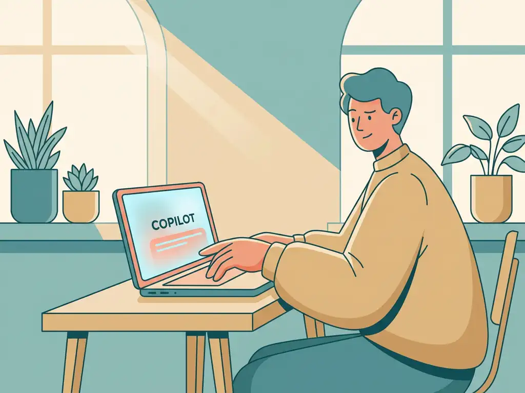 Aarzelende kantoormedewerker aan modern bureau met laptop met Copilot-interface, omgeven door planten en natuurlijk licht.