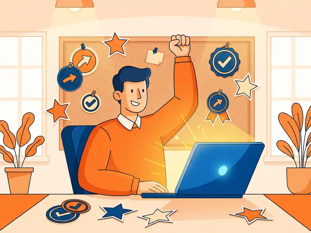 Juichende kantoormedewerker voor laptop met zwevende gamification-sterren en voortgangsbadges op kurk bord, oranje en blauwe kantooromgeving.