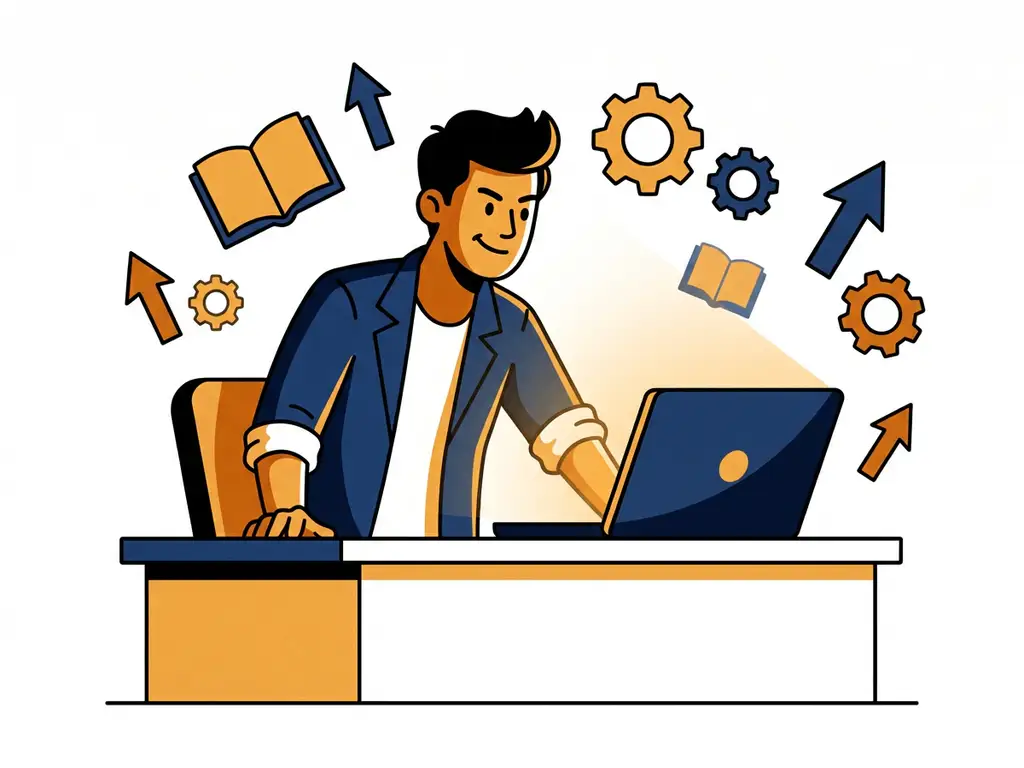 Zelfverzekerde kantoormedewerker aan modern bureau met laptop, omringd door zwevende boeken en tandwielen die vaardigheidsontwikkeling symboliseren.