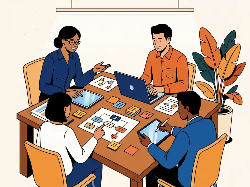 Diverse collega's rond een bureau met laptops, tablets en adoptie-roadmaps, omgeven door sticky notes en een grote plant.