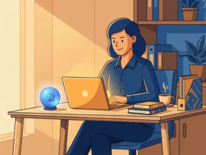 Professional aan modern bureau met laptop en gloeiende AI-orb, omringd door trainingsmaterialen en koffie, vectorillustratie.