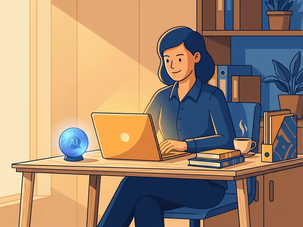 Professional aan modern bureau met laptop en gloeiende AI-orb, omringd door trainingsmaterialen en koffie, vectorillustratie.