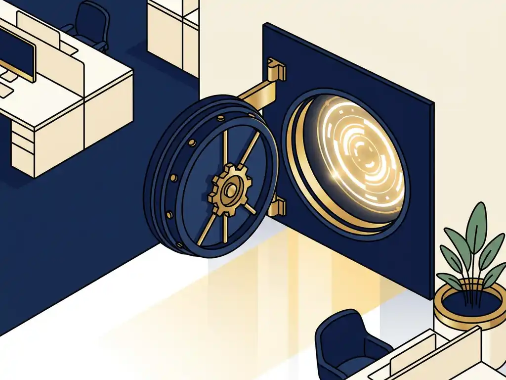 Stalen kluisdeur op een kier met gloeiende AI-interface zichtbaar, in modern Nederlands kantoor met navy, wit en goud kleurenpalet.