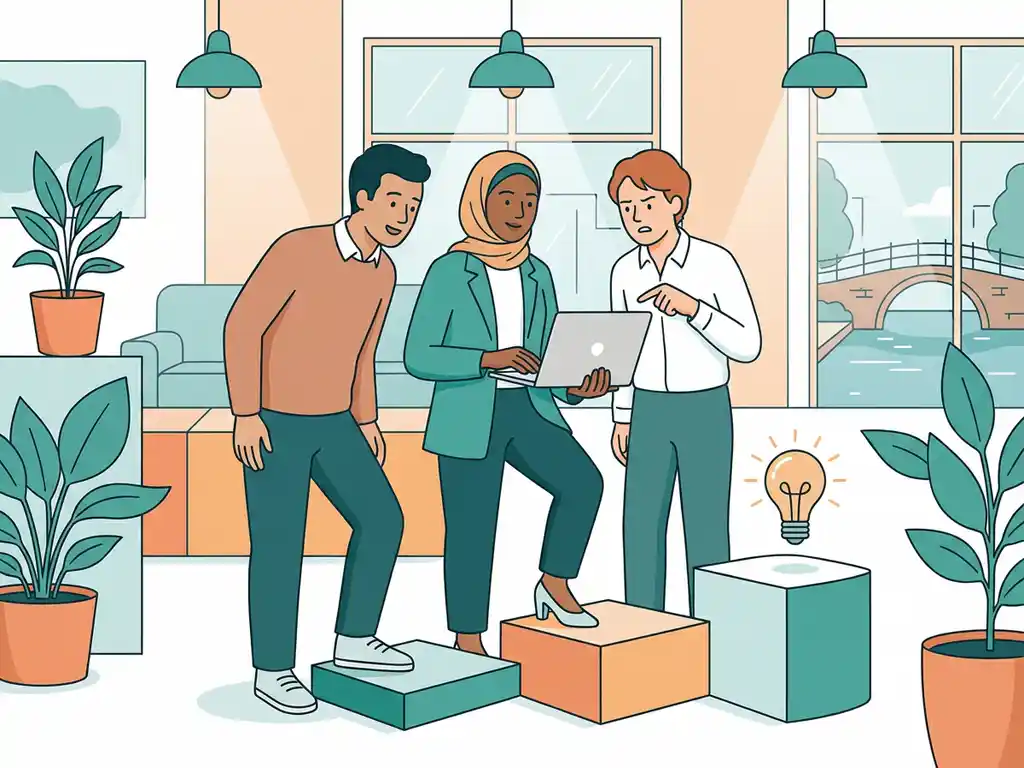 Drie collega's op verschillende vaardigheidsniveaus rond een laptop in een moderne Nederlandse werkplek, met oplopende leertreden eronder.
