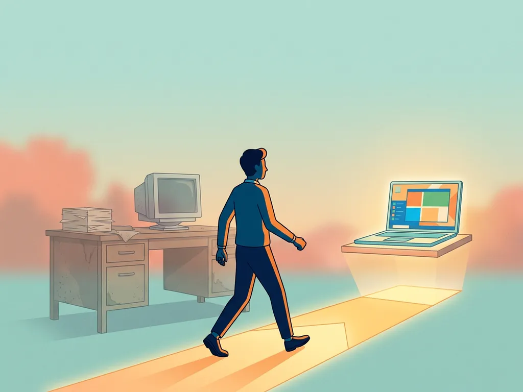 Persoon stapt vol vertrouwen weg van een verouderd bureau richting een moderne, gloeiende laptop op een helder pad.