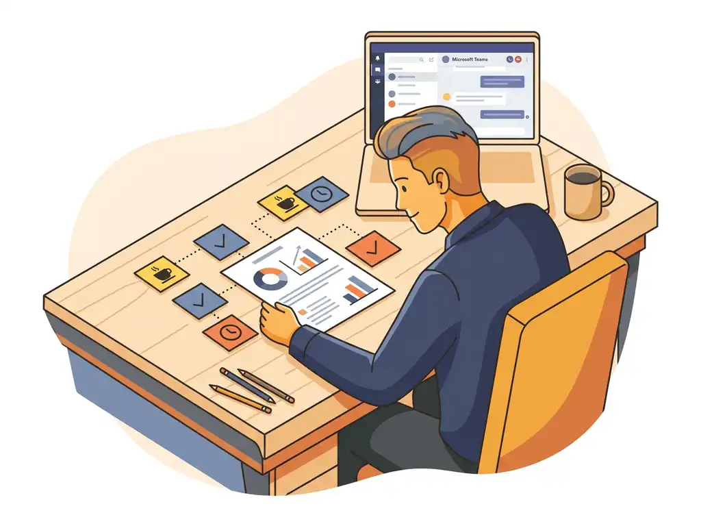 Medewerker bestudeert analytics-rapport op bureau met sticky notes over teamgewoonten, laptop met Microsoft Teams op achtergrond.