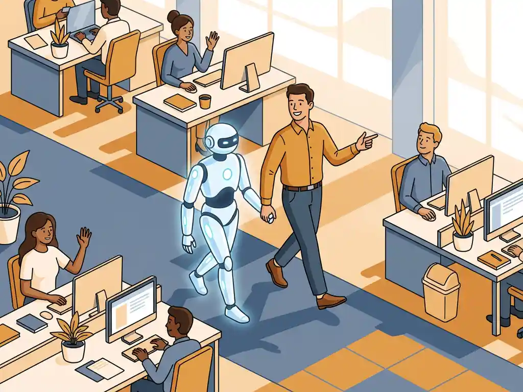 Kantoormedewerker begeleidt een gloeiende humanoïde robot in een moderne open werkruimte, collega's kijken toe vanuit nabijgelegen bureaus.