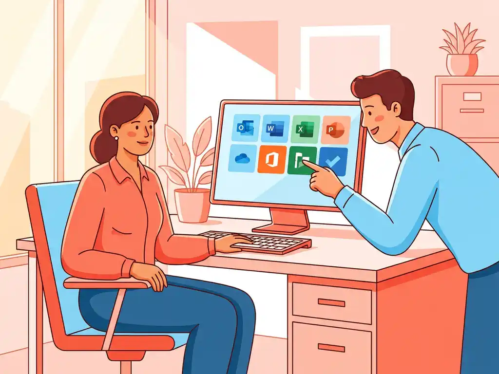 Kantoormedewerker aan modern bureau met Microsoft 365-tegels op monitor, begeleid door collega in warme kantooromgeving.