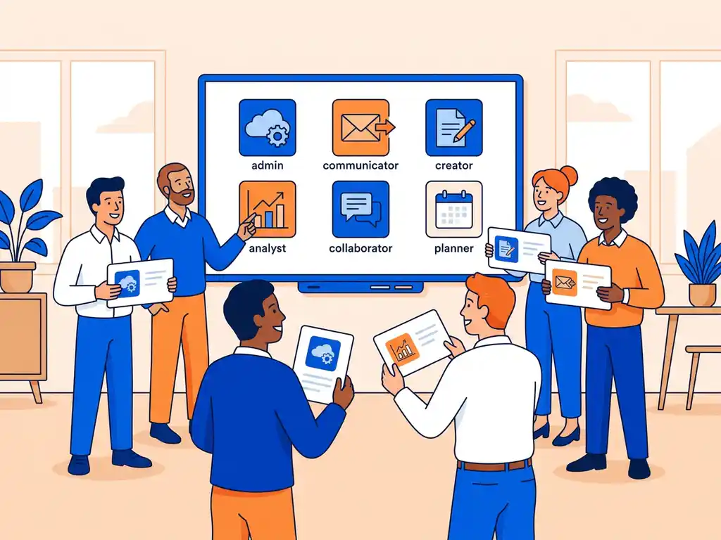 Divers kantoorteam rond interactief whiteboard met kleurgecodeerde Microsoft 365-app-iconen, platte vectorillustratie in kobaltblauw en warm oranje.