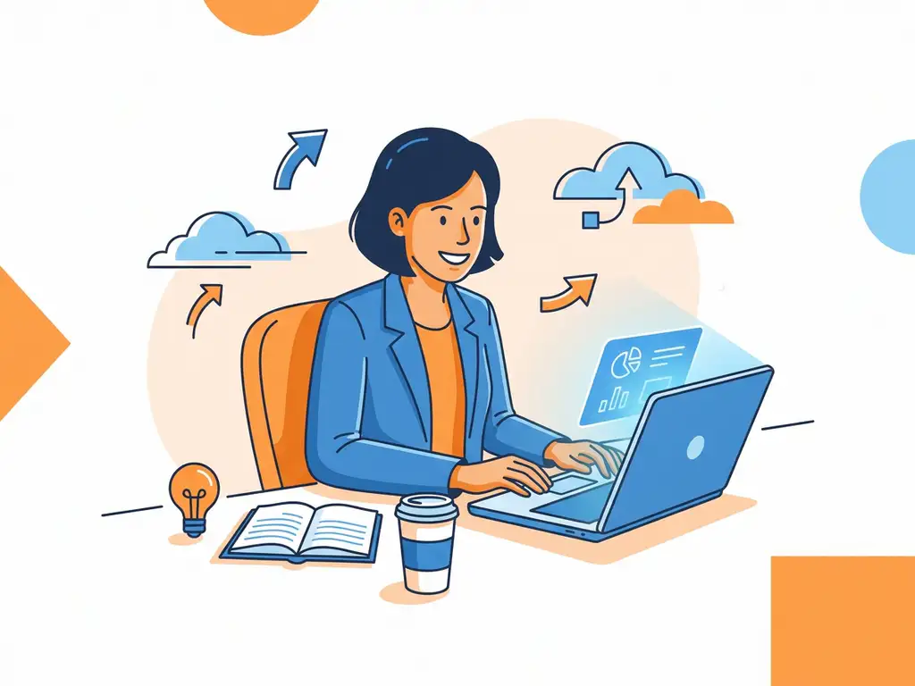 Professional aan modern bureau verkent Microsoft 365 op laptop, omringd door gloeilamp, notitieboek en koffiekop.