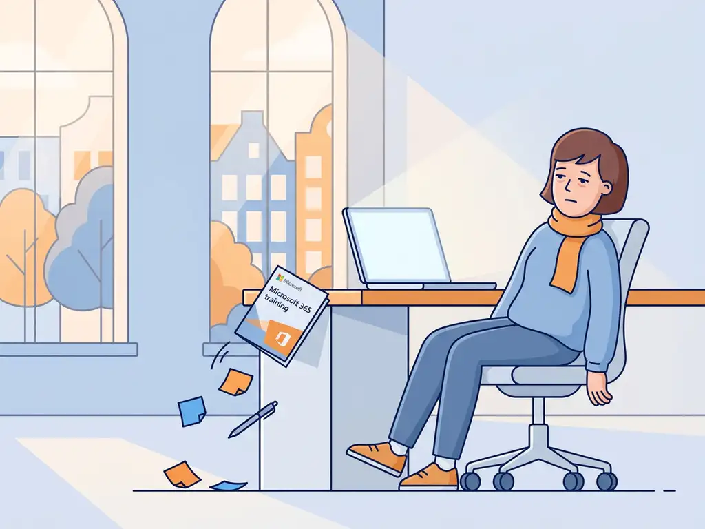 Afgeleid kantoormedewerker staart naar laptop terwijl Microsoft 365-trainingsboekje van bureau glijdt, plakbriefjes vallen op de vloer.