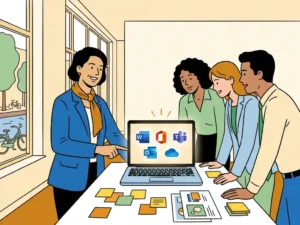Trainer legt Microsoft 365 uit aan collega's in modern Nederlands kantoor met laptop, sticky notes en printgidsen op bureau.