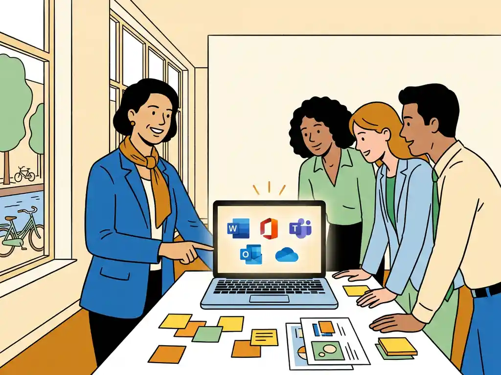 Trainer legt Microsoft 365 uit aan collega's in modern Nederlands kantoor met laptop, sticky notes en printgidsen op bureau.