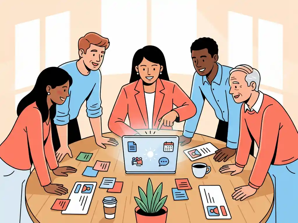 Diverse medewerkers bekijken samen Microsoft 365 op een laptop in een modern kantoor, met sticky notes op tafel.