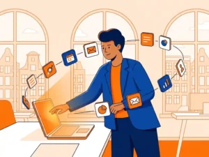 Professional reikt naar gloeiend laptopscherm omringd door zwevende app-tegels in modern Nederlands kantoor met oranje, wit en blauw kleurenpalet.