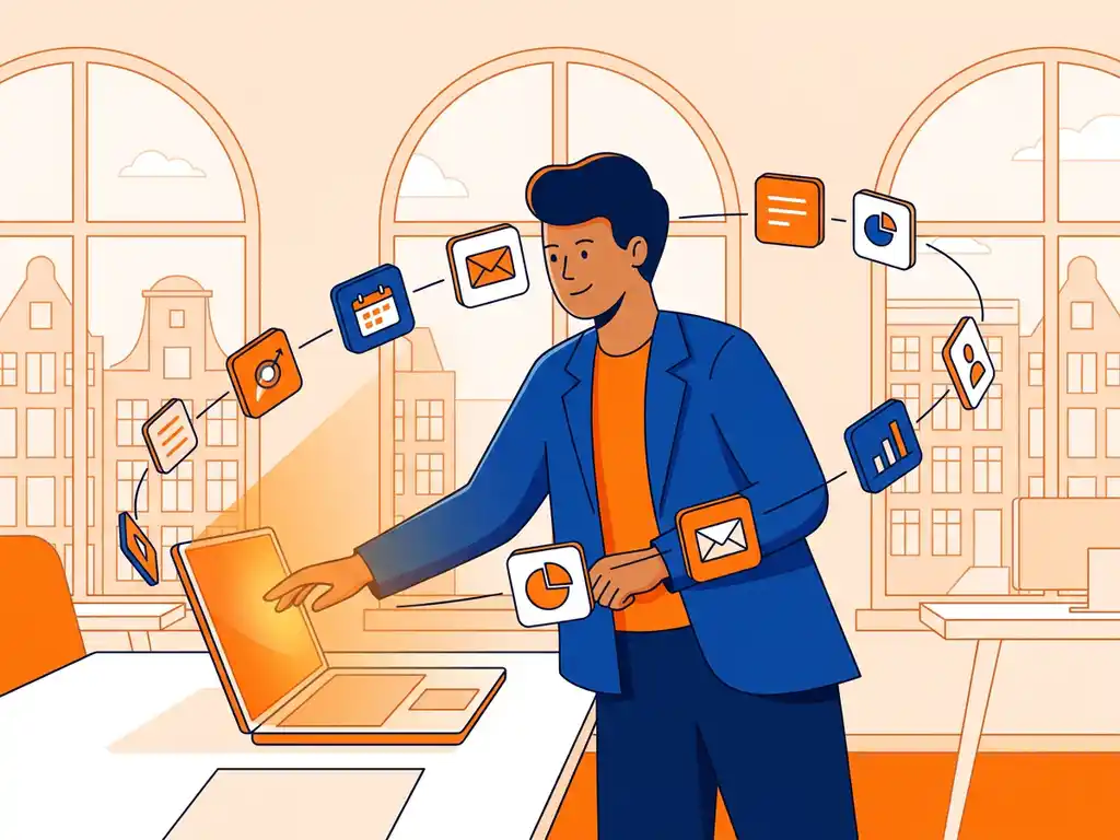 Professional reikt naar gloeiend laptopscherm omringd door zwevende app-tegels in modern Nederlands kantoor met oranje, wit en blauw kleurenpalet.