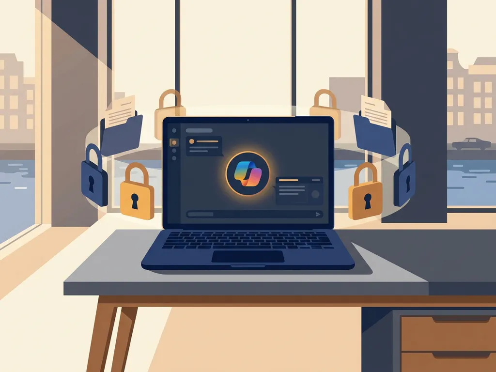Laptop met Microsoft Copilot-interface omringd door zwevende sloten en gedeeltelijk onbereikbare datamappen op een modern bureau.