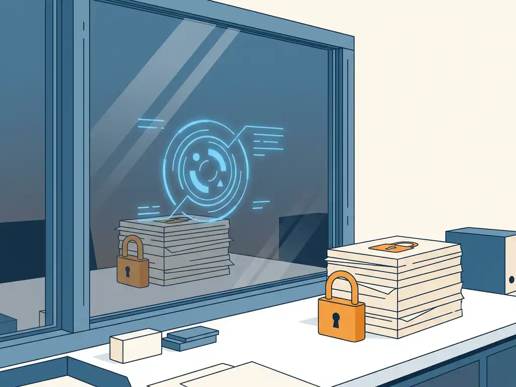 Microsoft Copilot-interface weerspiegeld in kantoorvenster, met gevoelige documenten en een hangslot op een wit bureau.